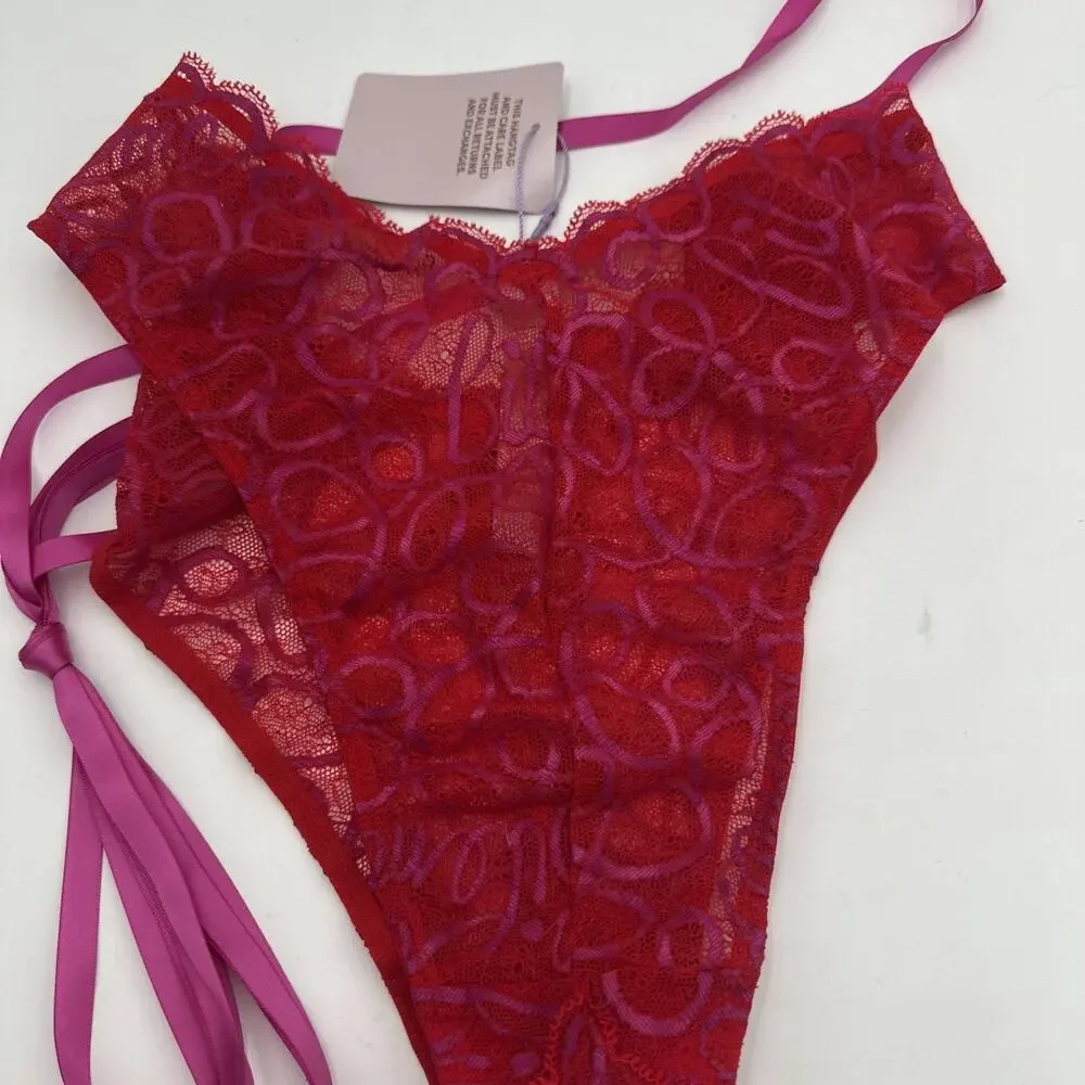 Savage X Fenty Panties Cheeky Panty Red Lace Pink Bows Lace Up Strappy 1X Plus
